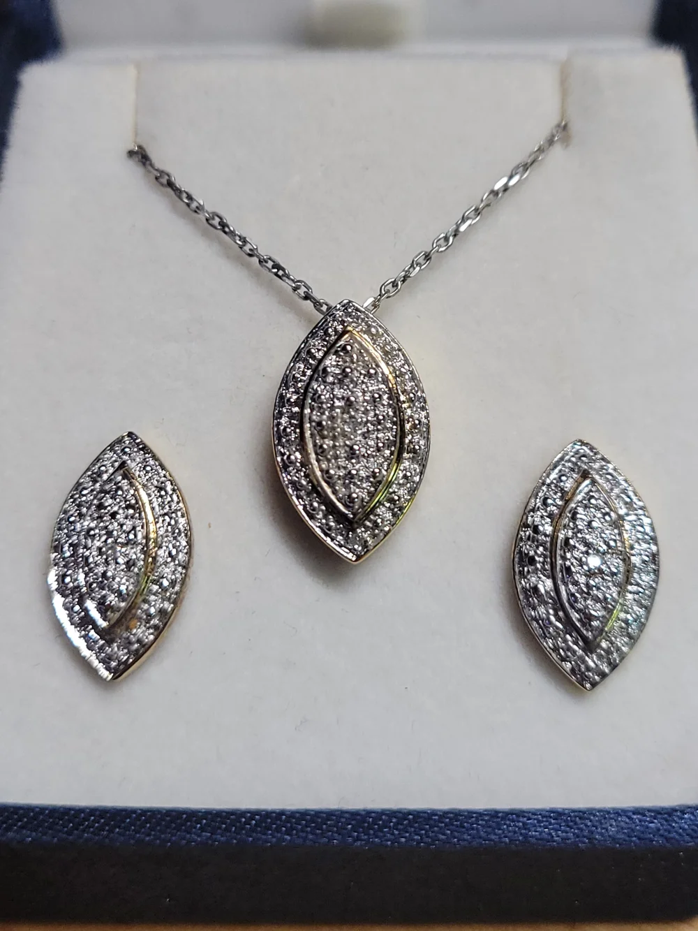 Sterling Silver Pavé Marquise  Pendant Necklace & Stud Earrings Set - Silver